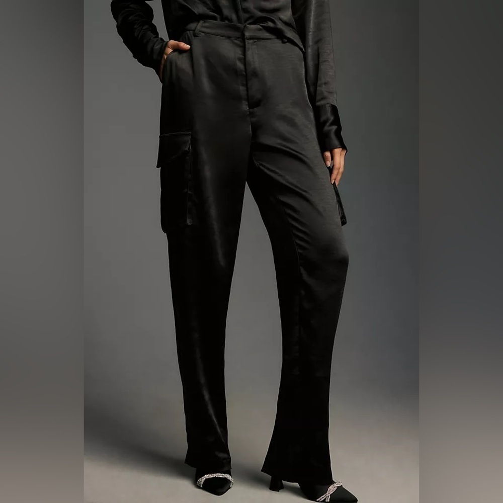 8 Anthropologie good American satin cargo pants black deep side pockets dressy